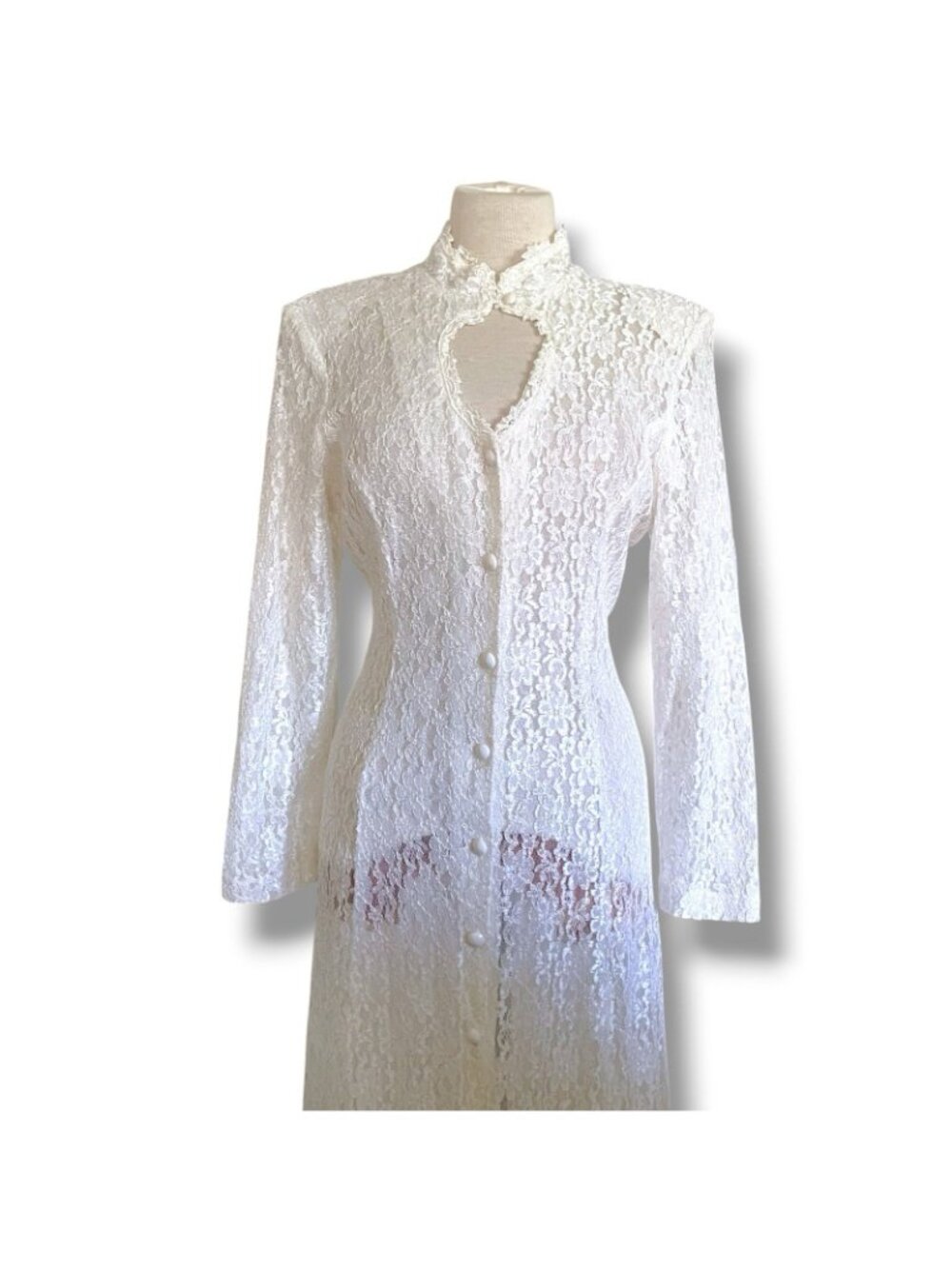 Vintage 90s Dawn Joy Midi Dress Sz Medium White Lace Sheer Prairie Whimsigoth - Picture 3 of 13